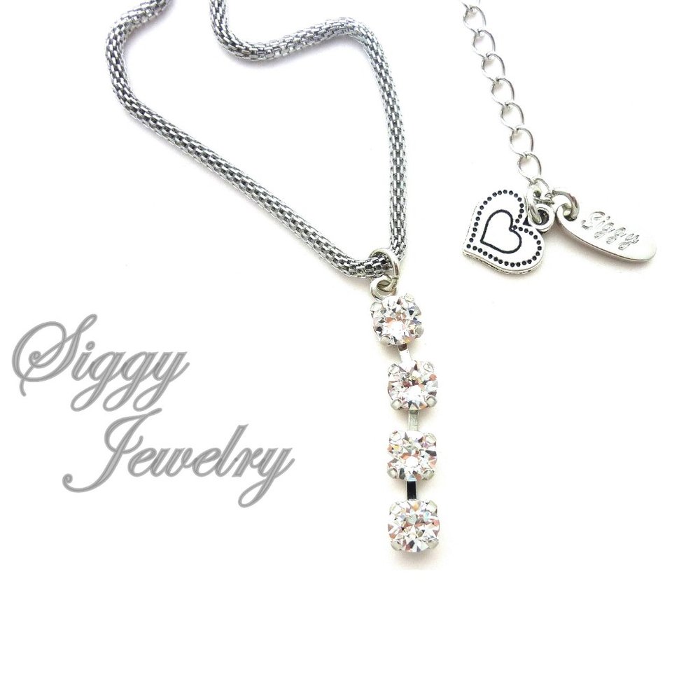 Swarovski Crystal Drop Necklace on Rhodium Plated Chain, 6mm Sparkly Crystals
